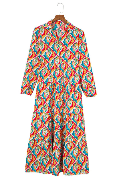 Multicolor Abstract Geometric Print Long Sleeve High Waist Dress