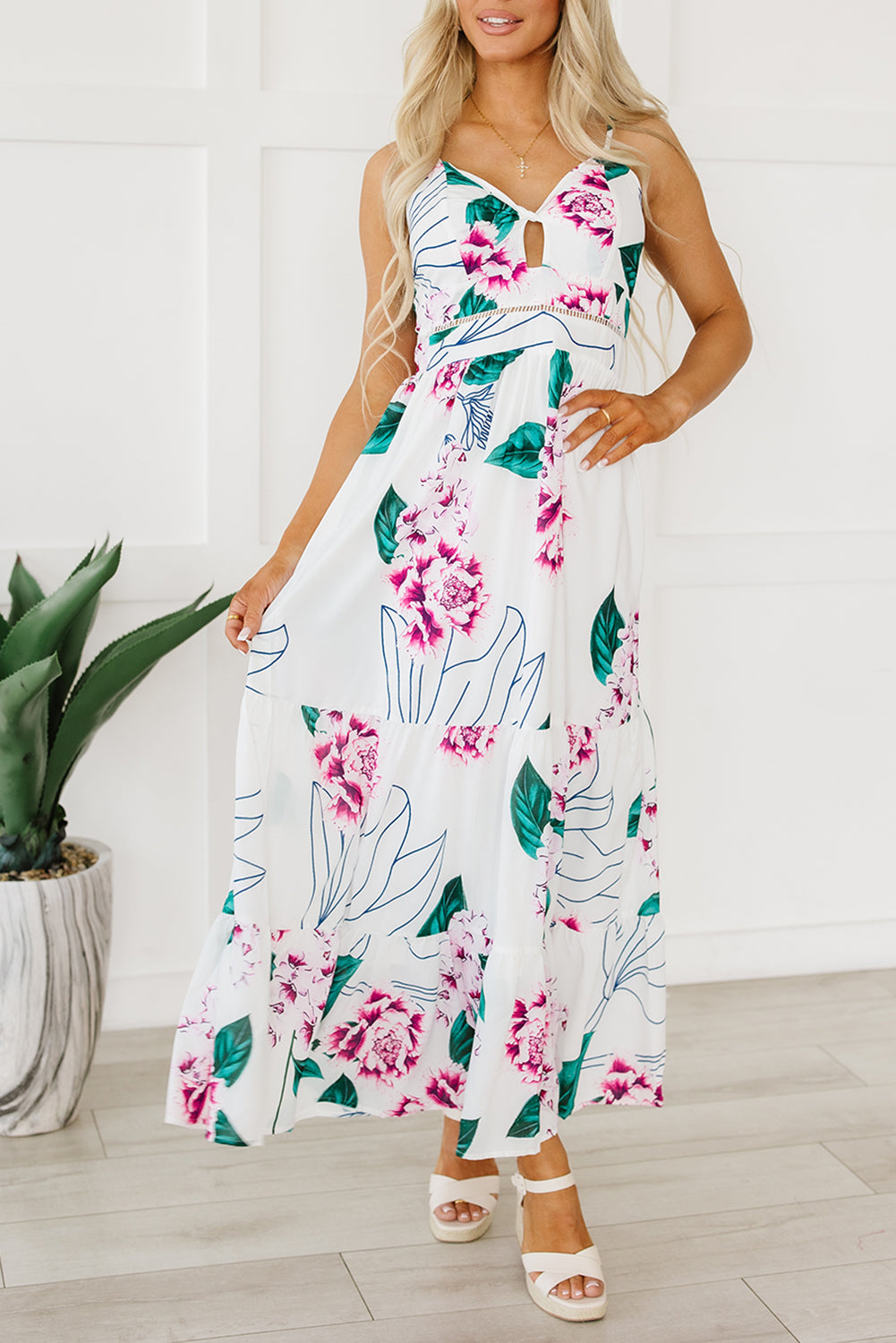 White Floral Twist Cutout Adjustable Straps Maxi Dress