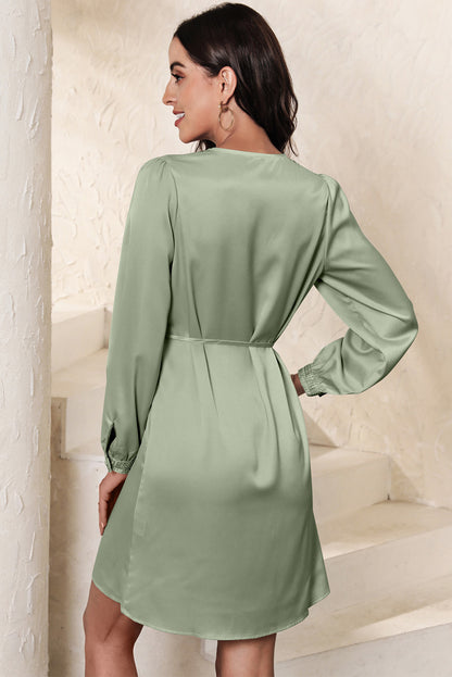 Green Lace Trim V Neck Tie Waist Long Sleeve Dress