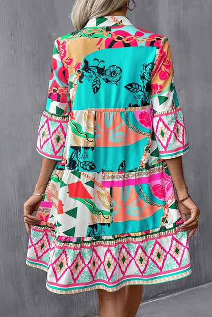 Multicolour Abstract Printed Half Sleeve Notched Neck Mini Dress