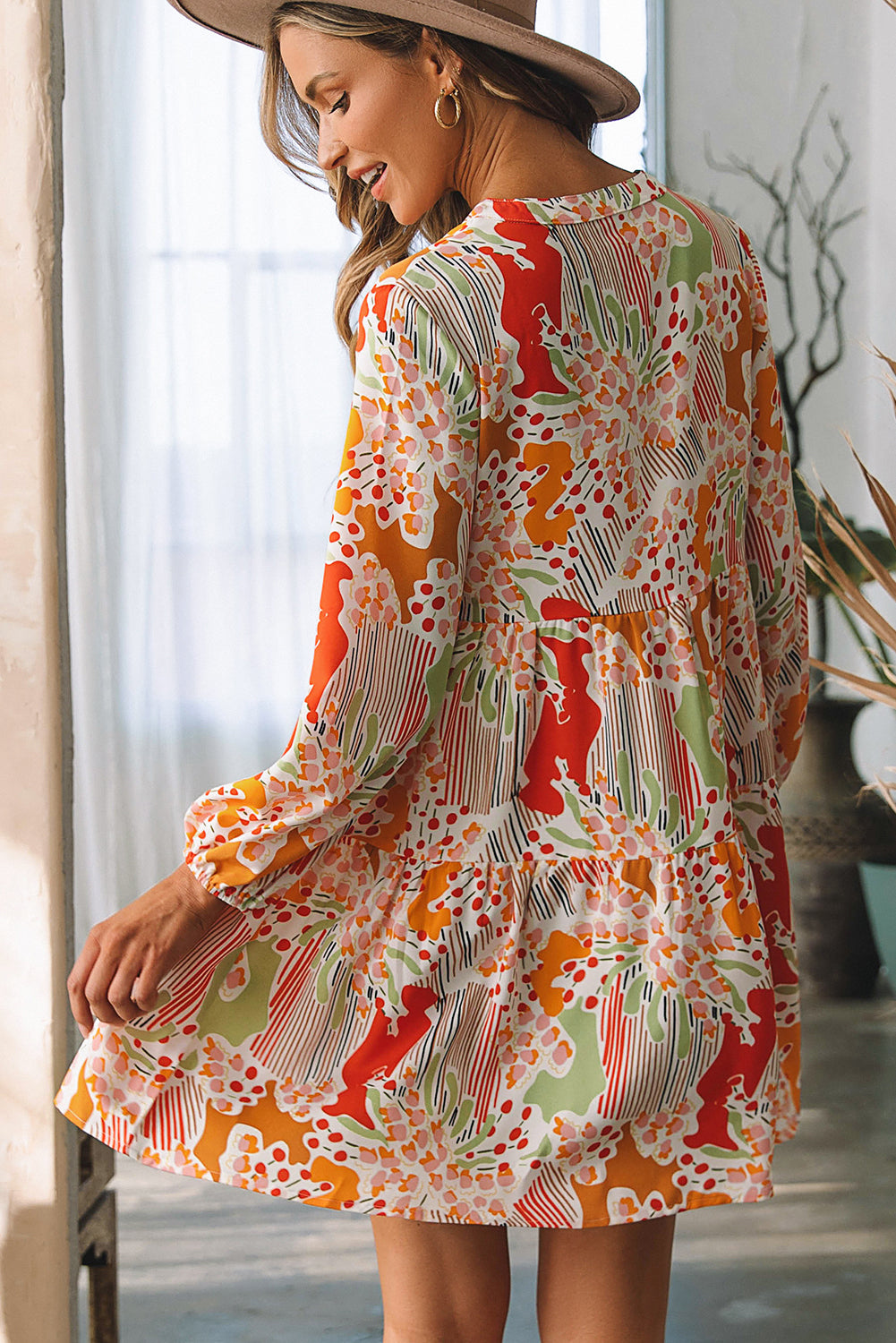 Multicolour Split Neck Puff Sleeve Flowy Printed Dress