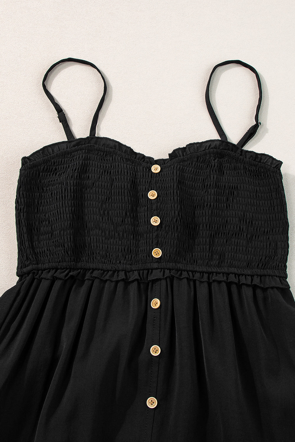 Black Spaghetti Straps Smocked Front Slit Buttoned Dress