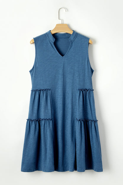 Sail Blue Split V Neck Tiered Flowy Sleeveless Dress