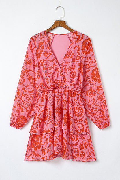 Fiery Red Floral Ruffle Layered Puff Sleeve Surplice Dress