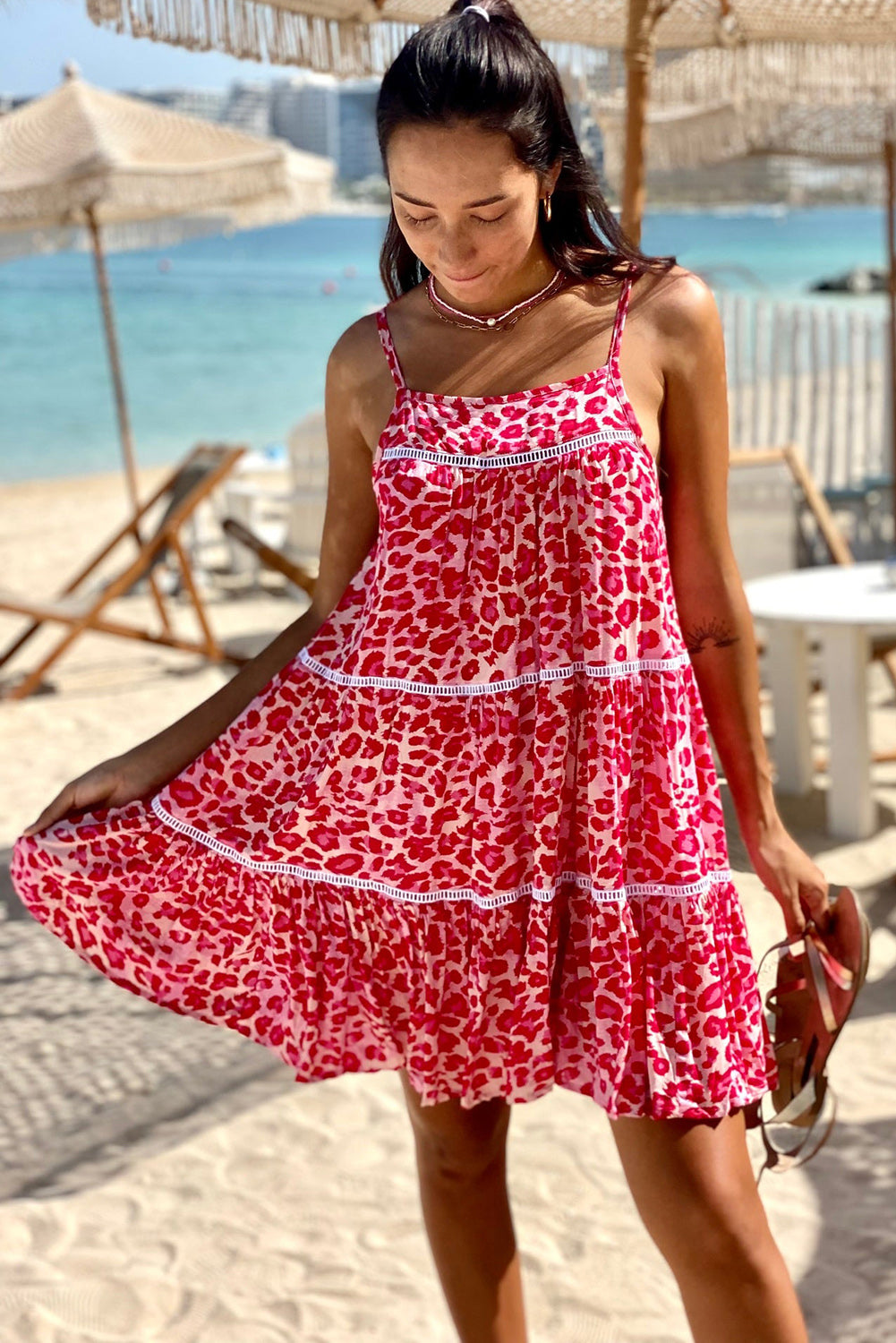 Rose Leopard Print Lace Trim Flared Sundress