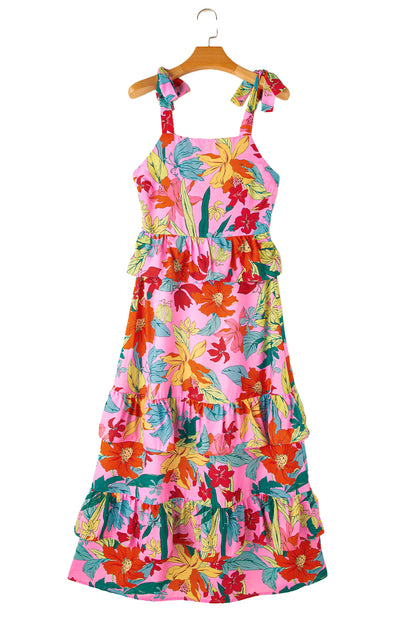 Multicolour Floral Print Shirred Backless Tiered Ruffled Maxi Dress