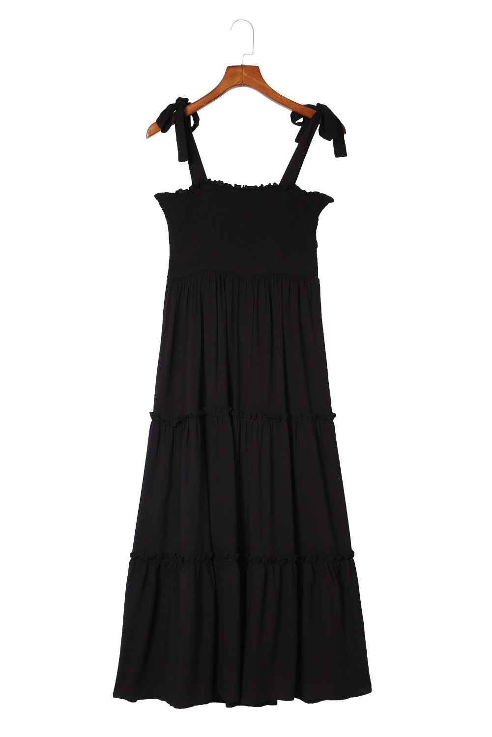 Black Tie Strap Smocked Frill Tiered Midi Dress