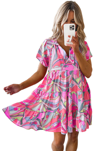 Pink Abstract Geometric Print Tassel Tie Flared Dress