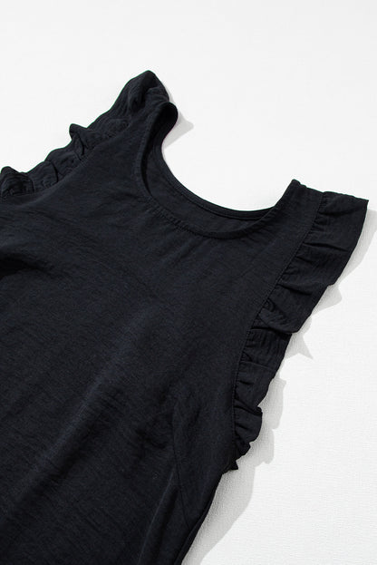 Black Solid Color Ruffled Sleeveless Shift Mini Dress