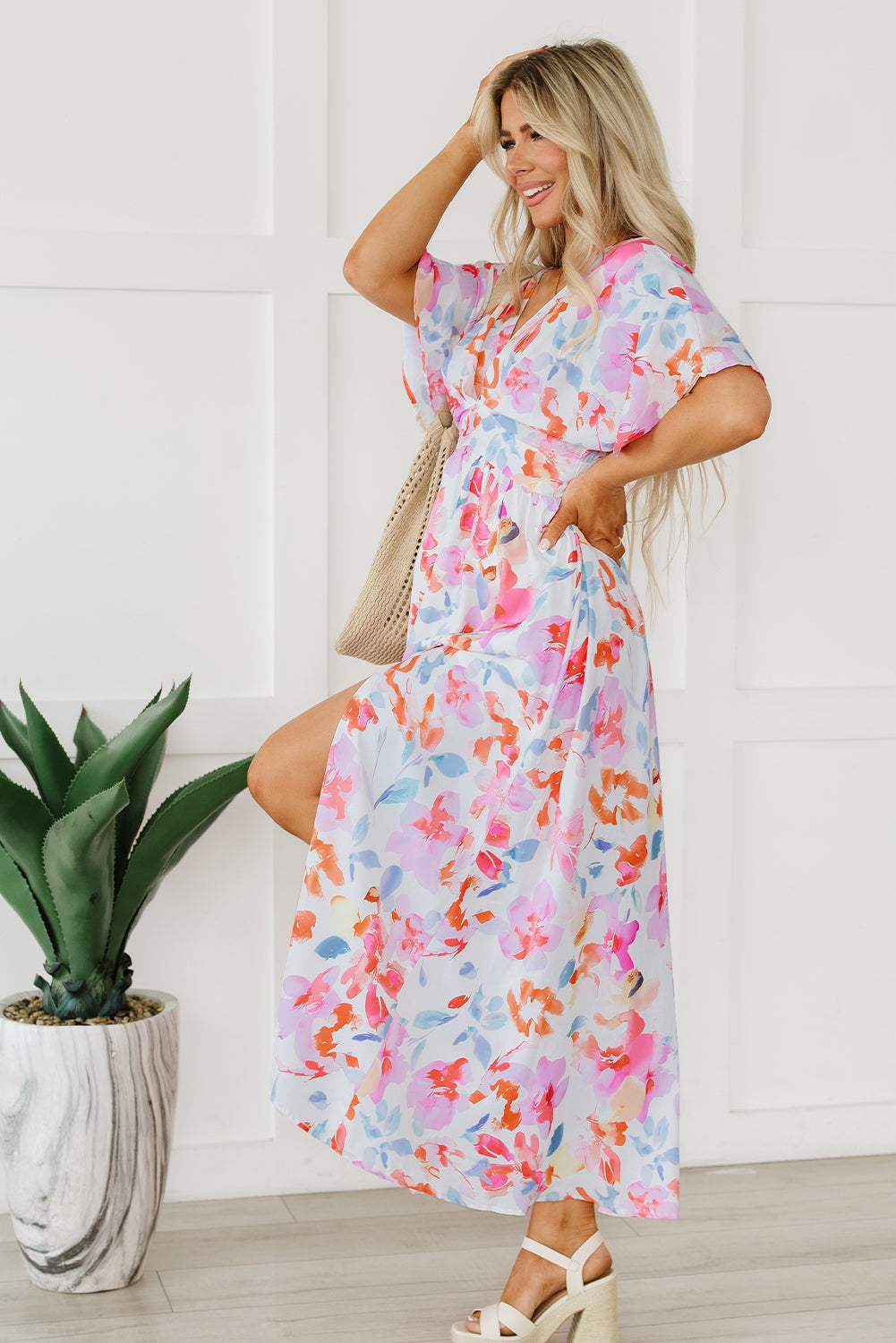 Multicolor Tropical Floral Print Ruched V Neck Maxi Dress