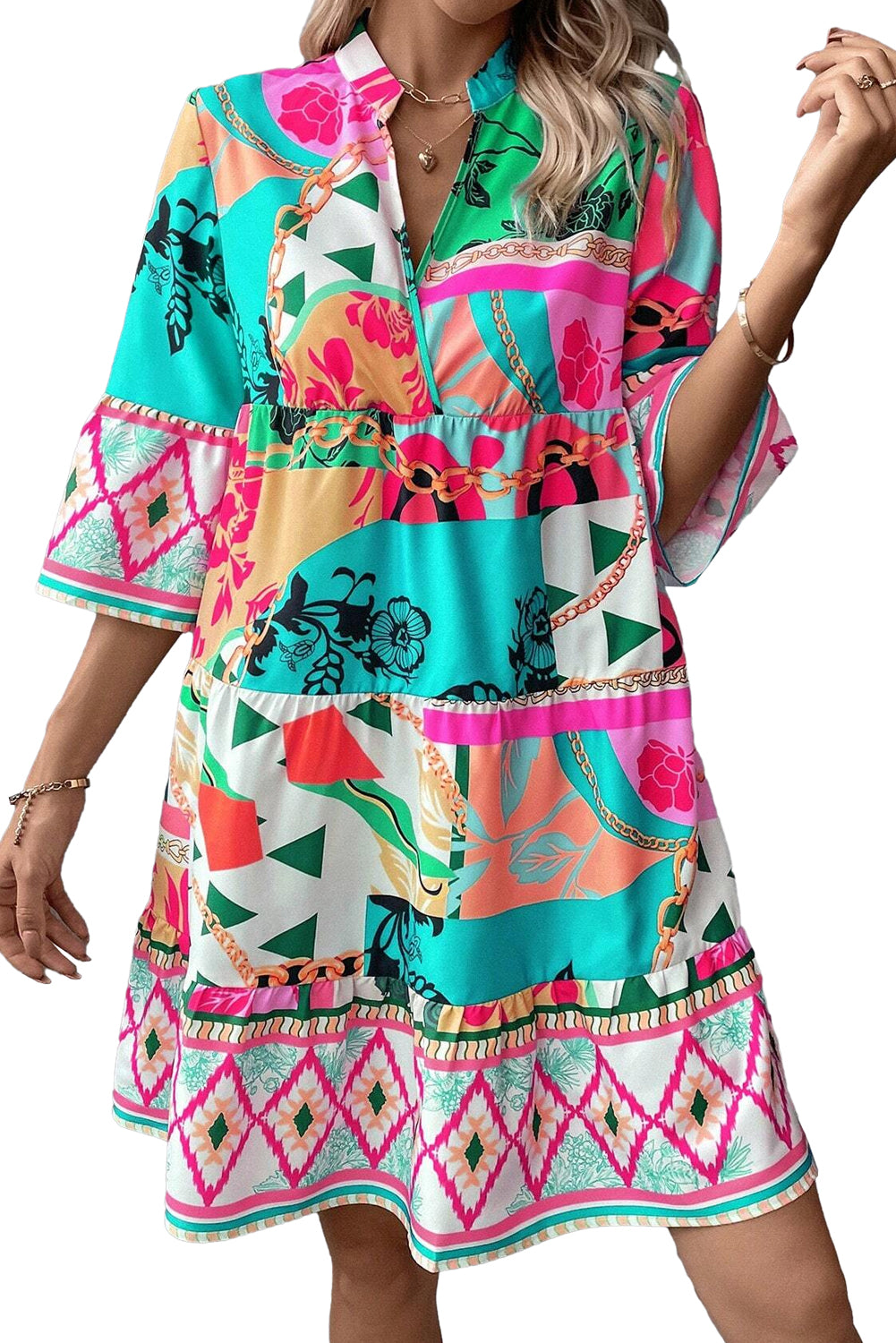 Multicolour Abstract Printed Half Sleeve Notched Neck Mini Dress