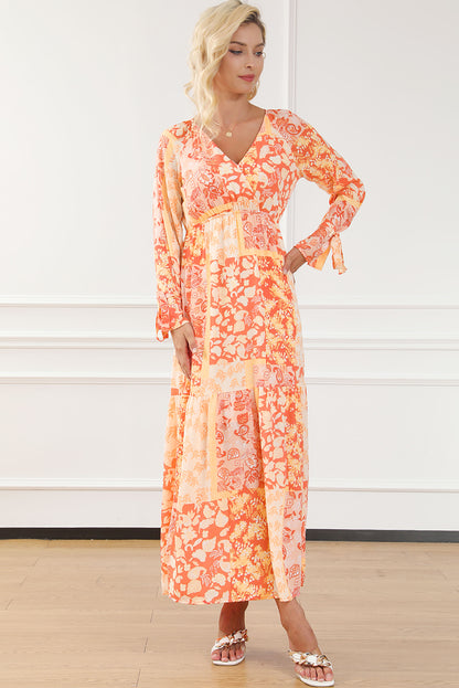 Orange Boho Floral Wrap V Neck Tie Long Sleeve Dress