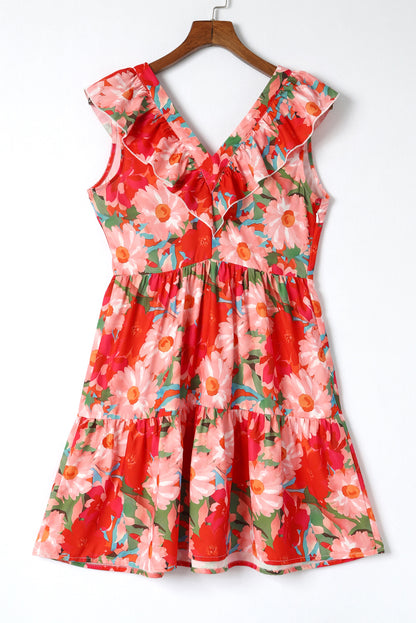 Fiery Red Floral Sleeveless V Neck Frill Mini Dress