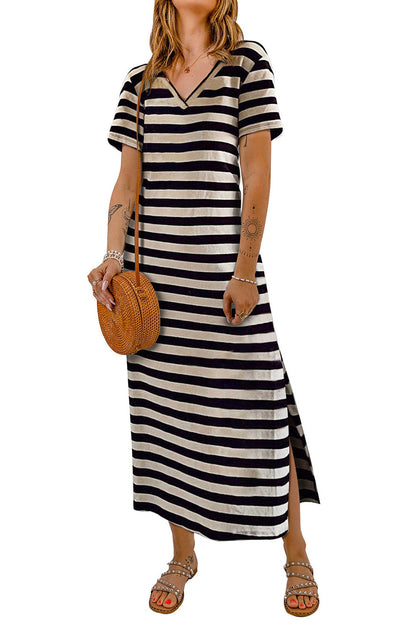 Black Stripe Print V Neck Maxi Dress with Side Splits