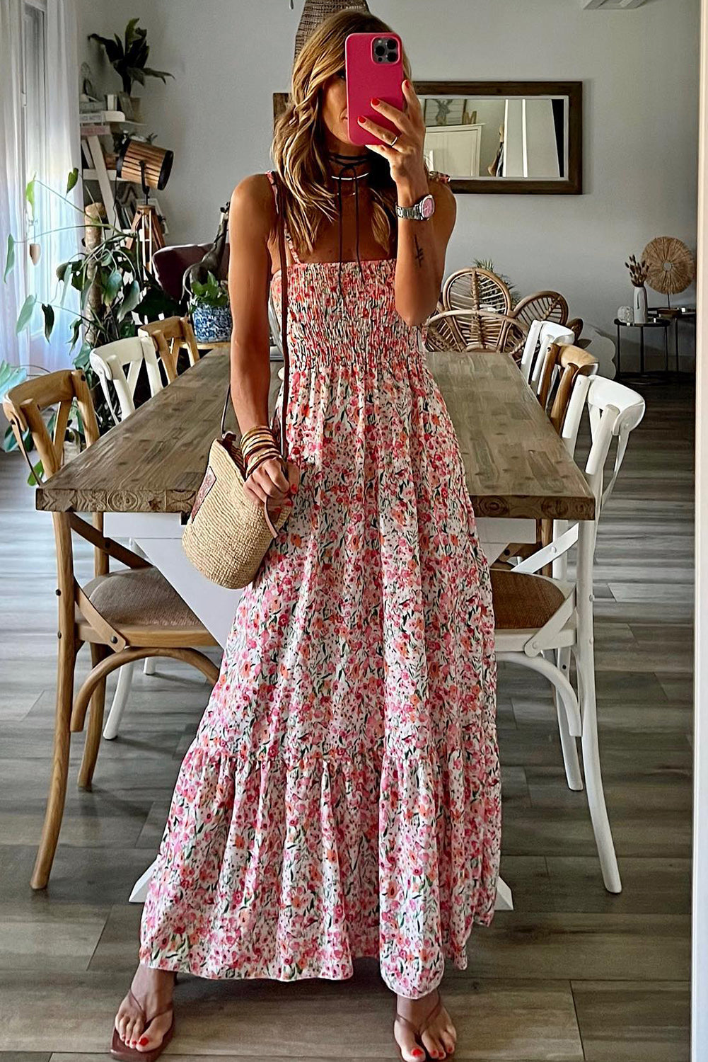 White Boho Floral Smocked Ruffled Maxi Dress