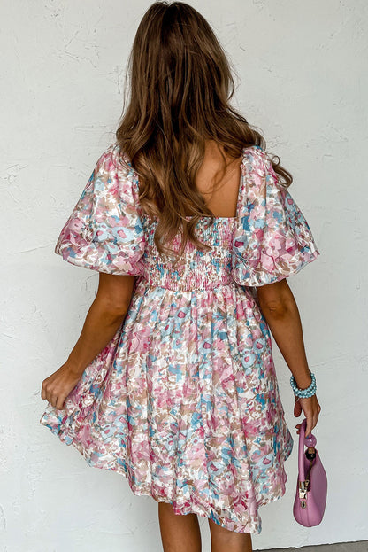 Pink Floral Puff Sleeve Square Neck Smock Ruffled Dress