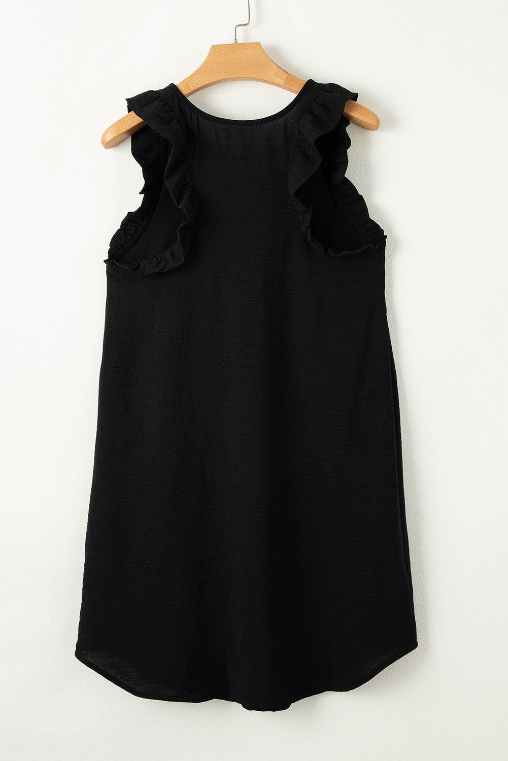 Black Solid Color Ruffled Sleeveless Shift Mini Dress