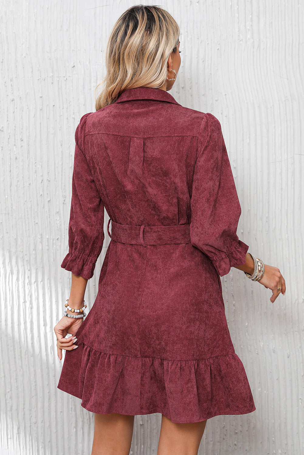 Red Dahlia Collared Buttons Front Ruffled Hem Shirt Corduroy Dress