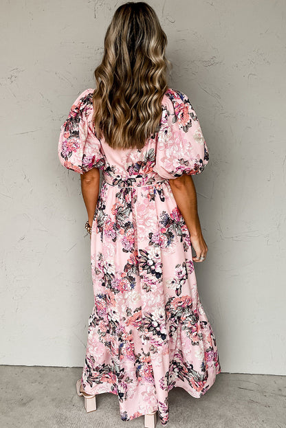 Pink Floral Puff Sleeve High Waist Maxi Dress