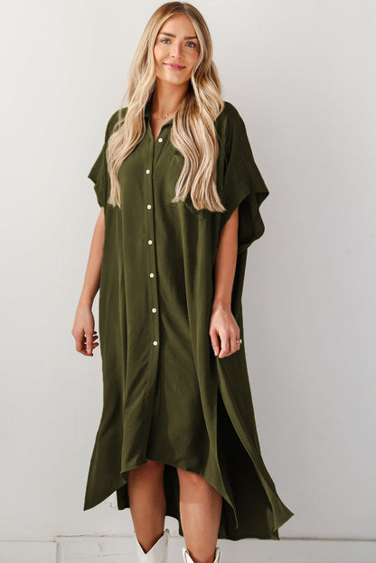 Jungle Green Loose High Low Side Slits Short Sleeve Shirt Dress