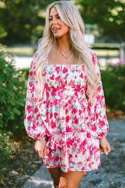 Pink Ruffle Tiered High Waist Puff Sleeve Floral Dress